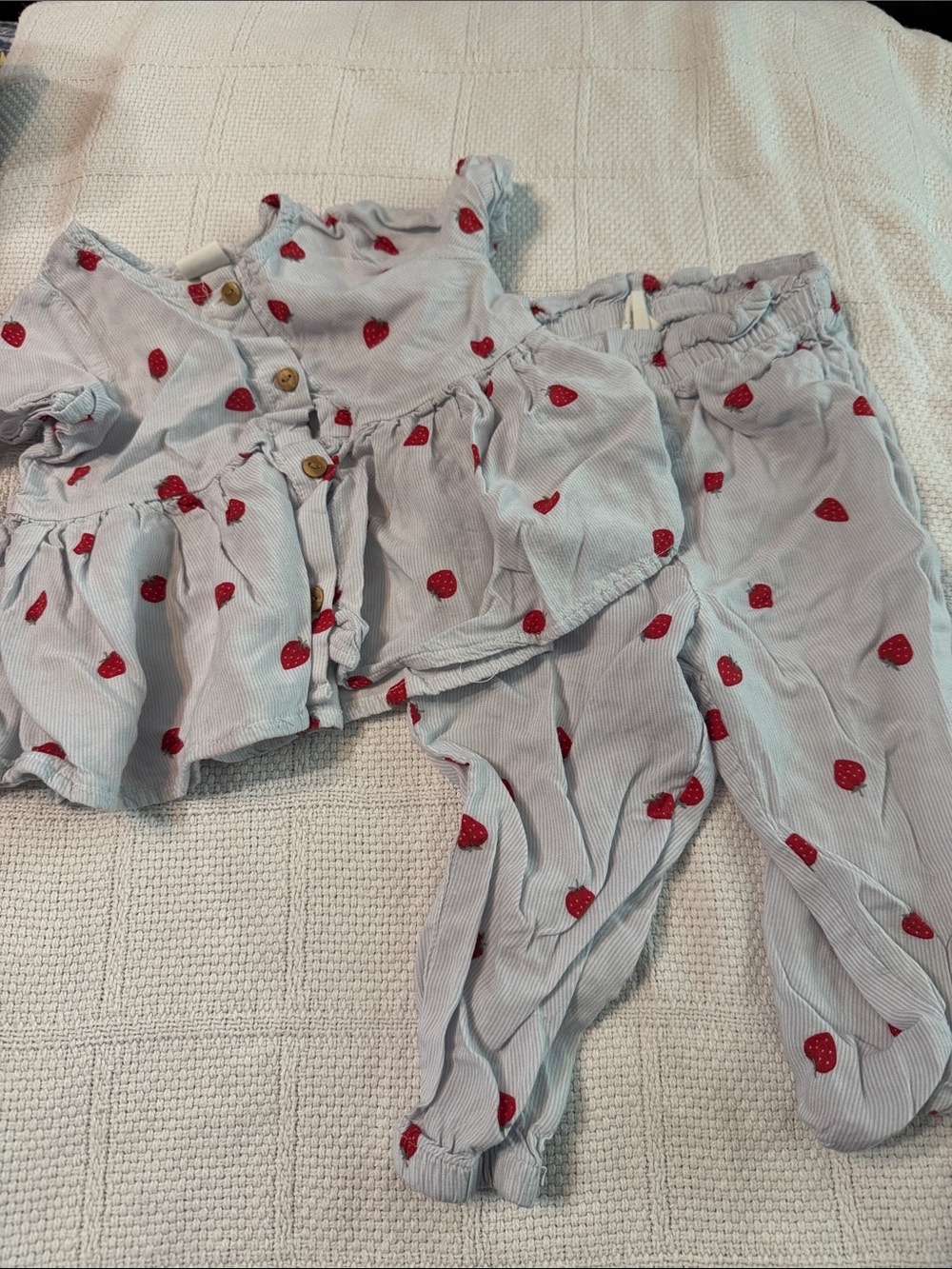 H&M Light Blue Joggers & Ruffle Top with Red Strawberry Print